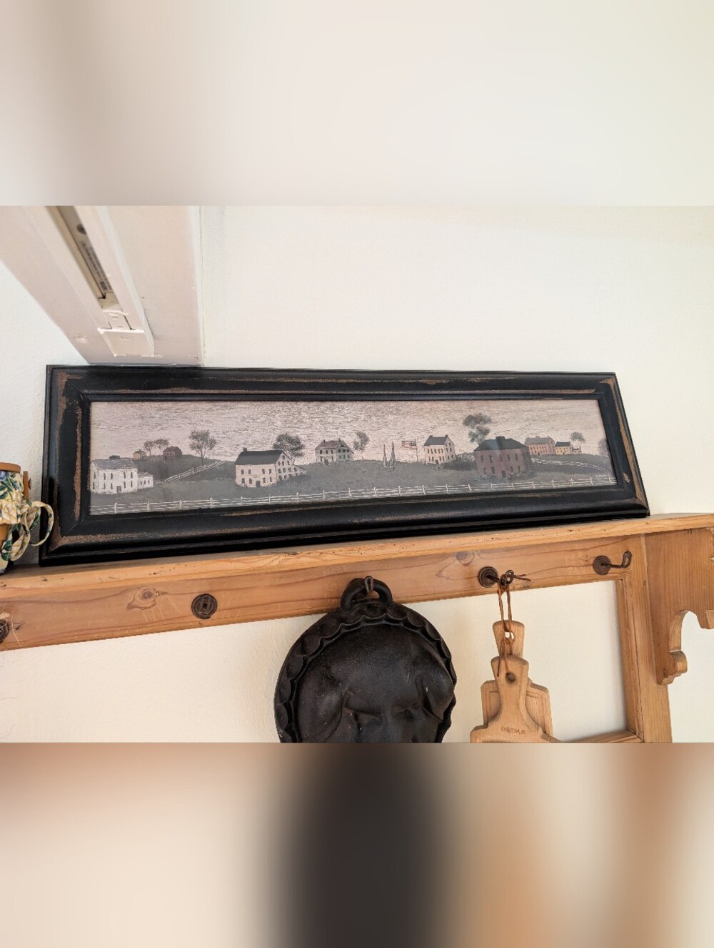 Framed Primitive Folk Art Village Scene in Black Frame